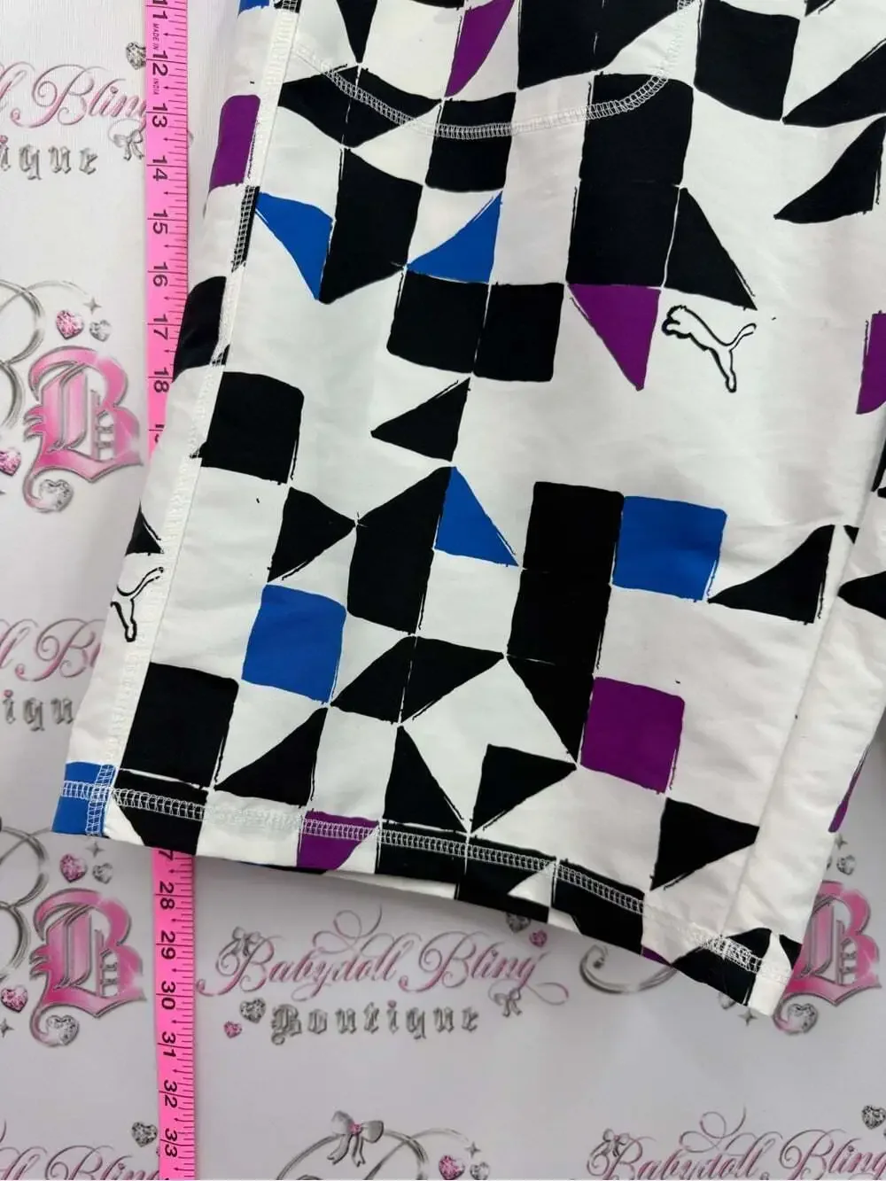 Puma shorts White Swim Board Shorts with Black, Blue, and Purple Geometric Print